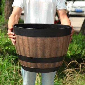 Resin Whiskey Barrel Flower Pot Round Planter Vintage Style Indoor Outdoor Garden Yard Patio EL 211130