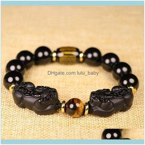 Fios de mi￧angas pulseiras de joalheria de joalheria Black Obsidian Bracelet Tiger Pedra Pixiu Double 10 12 14 16 mm Lucky Brave Troops Mulheres Mulheres Je