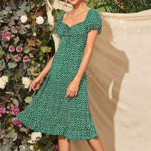 Plaża Retro Elegancka V Neck Floral A-Line Dress Lace-Up Waist Print Rękaw Puff Sleeve Mini Letnia Długa Sukienka Kobiet Vestidos 210508