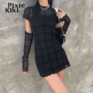 Black Mesh Plaid Dress 3 Piece Set Dark Academia Mall Goth Sexig Bodycon Mini Dress Egirl Stil Kläder P94-CH29 Y220304