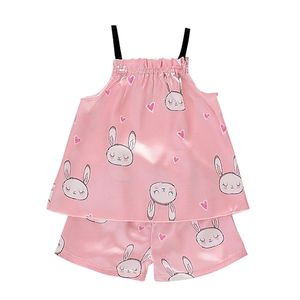 Kids Girls Pajamas Silk Women Set 2pcs Bunny Pattern Sling Outfits Short Sleeve Blouse Tops+Shorts Sleepwear Baby Clothes 210915