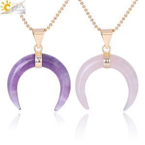 CSJA Natural Stones Crescent Moon Necklaces Pendants Purple Crystal Pink Quartz White Stone Gold Color Reiki Women Jewelry V2