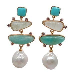 Yygem Natural Geometric Turquoise Ite Prehnite White Pearl Stud Earrings Gold Fill Office Style for Women269D