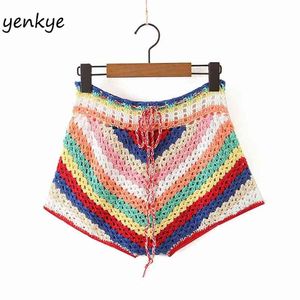 Multicolor Striped Knit Crochet Shorts Women Drawstring Waist Sexy Femme Holiday Summer Boho mujer spodenki damskie 210514