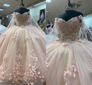 Light Pink Quinceanera Dresses With 3D Floral Beaded Lace Applique Sweetheart Neckline Long Juliet Sleeves Custom Made Sweet 15 16 Prom Party Ball Gown Vestido