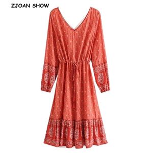 Boemia scollo a V testa di animale stampa floreale abito da donna rosso cotone sciolto fiocco legato in vita manica lunga abiti corti Femme Vestido 210429