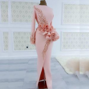 Modest Blush Pink Satin Evening Dresses Scoop Neck Long Sleeves With Ruffles Crystal Beaded Prom Dress split Formal Party Gowns
