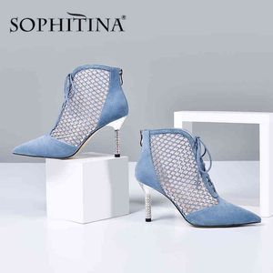 Sophitina 패션 여성 부츠 패치 워크 크로스 넥타이 장식 발목 얇은 발 뒤꿈치 신발 세련된 뾰족한 발가락 부츠 PO439 210513