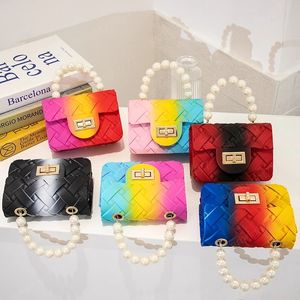 레인보우 지갑과 여성을위한 핸드백 미니 PVC 크로스 바디 가방 숙녀 작은 동전 지갑 소녀 짠 젤리 지갑 토트