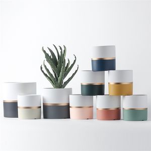 Llight Luxury Ceramic Flowerpot Golden Circle Paint Succulent Planter Green Plants Orchid Round Shape Flower Pot With Hole Tray 211130