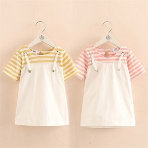 Summer Little Kids Patchwork Short Sleeve Striped Fake Two Pcs Suspenders Dresses For Girls of 2 4 6 8 10 12T Years Old 210701