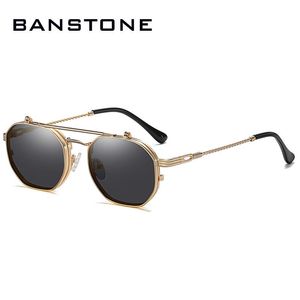 Sunglasses BANSTONE Vintage SteamPunk Style Tint Ocean Lens Metal Flip Up Clamshell Brand Design Sun Glasses