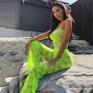 Party Wear 2 Piece Suits Women Lace Mesh Hollow Out Sheer Sleeveless Bodysuits and Flare Trousers Sexy Two Pieces Sets Outfits 210517