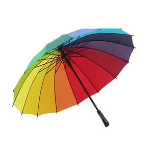 Ny regnbåge paraply långt handtag 16k rak vindtät färgglada pongee paraply kvinnor män soliga regniga