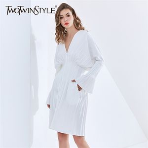 Vintage Ruched Tunic Dress For Women V Neck Long Sleeve High Waist Midi Dresses Female Fashion Clothing Fall 210520