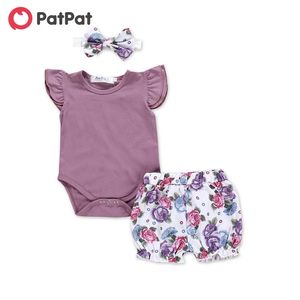 Yaz 3 parçalı Bebek Yürüyor Kız Ruffled Bodysuit Çiçek Şort ve Kafa Setleri 210528