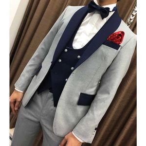 Erkekler için Gri Slim Fit Suits 3 Parça Düğün Smokin Ile Kruvaze Yelek Erkek Moda Damat Kostüm Ceket Pantolon X0909