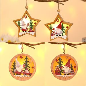 LED Light Christmas Tree Ornaments Star Wooden Hanging Pendants Xmas Decorations For Home Party Kids Gifts Wood Crafts