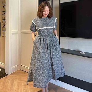 Shengpllae Printed Dress Kvinnors sommar Lace Sailor Collor Tie Waist Kort Puff Sleeve Mid-Calf Dressesfemale Fashion 210427