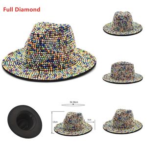 Full diamantjusterbar Fedora Hat Bling Rhinestone Panama Kvinnor Män Wide Brim Felt Jazz Mössor Partihandel Sommar Vinter