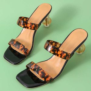 Rimocy Sexy Leopard Print Crystal High Heels Tofflor Kvinnor Transparent PVC Strap Jelly Skor Kvinna Öppet Toe Party Slides Kvinna 210528