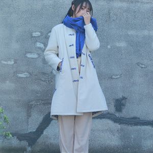 Johanature Woman Хлопок Льняное Parkas Vintage Кнопка Зимний Стойка Теплый С Длинным Рукавом Сплошной Цвет Женщин Parkas Coats 210521