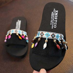 Летние крытые нескользящие детские шлепанцы девочки мода пляжная обувь щенкость сандалии женские бусины тапочки SH251 210712