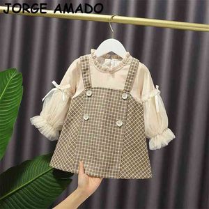 British Style Girl Dress Höst Plaid Bubble Sleeve Princess Kids Kläder 1-5t E20360 210610