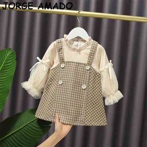 Britischer Stil Mädchenkleid Herbst Plaid Blase Ärmel Prinzessin Kinderkleidung 1-5T E20360 210610