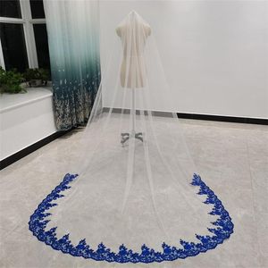 Bridal Veils Royal Blue Long With Comb Single Layer White Ivory Tulle Accessories For Brides Sequins Lace Edge 3 Metres