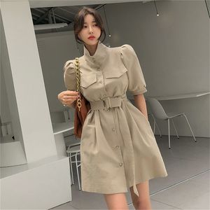 Women's Summer Office OL Dress Retro Cotton Linen Single Breasted High Waist Puff Sleeve Casual Mini 210519