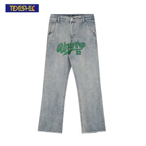 SHEC Haftowane Raw Edge Flare Jeans Mężczyźni / Kobiety Wysoka talia List Spodnie Streetwear Hip Hop Szeroko Nodze Denim Flared 211108