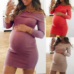 Umstandskleider Schwangere Kleid Frau einfarbig schulterfrei Kleidung Plus Größe S/M/L/XL/2XL Langarm süße Premama Kleidung