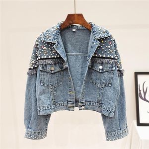 Damen Jacken Herbst Mode Schwere Arbeit Perlen Waschen Denim Jacke Frauen Lose Kurze Mäntel Mit Nieten Schwarz Blau Jeans Streetwear OWHJ