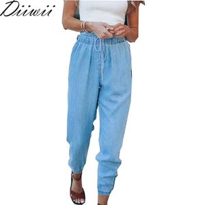 Diiwii kvinnor spetsar upp smala byxor streetwear hög midja jeans byxor kvinnlig lös denim stretchy 210629