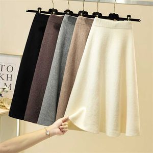 Winter Warm Soft Knitted Vintage Skirt Womens Autumn Elastic High Waisted Knit Cotton Slim Pleated Midi Skirts For Female 211120