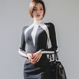 겨울 가을 히트 컬러 패치 워크 터틀넥 긴 소매 캐주얼 스트레치 탑 여성 한국 패션 니트 스웨터 210519
