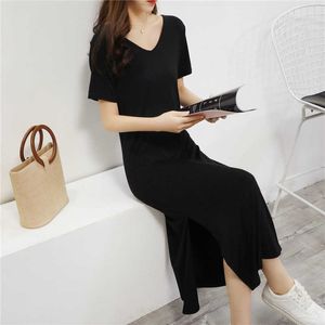 Artı Boyutu Yaz Elbiseleri Kadınlar Için Maxi A-Line Orta Buzağı V Yaka Modal Uzun Streetwear Rahat Plaj Siyah Giyim Kadın 210625