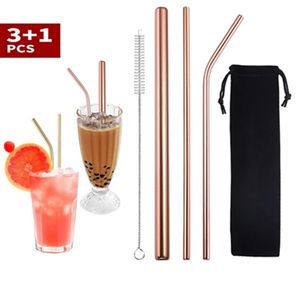 Skräddarsydd väska Förpackning 4 + 1 Återanvändbar Rostfritt Stål Drickande Straws Set Metal Strawset med Rengöring Borstfest Bar Tillbehör WLL613