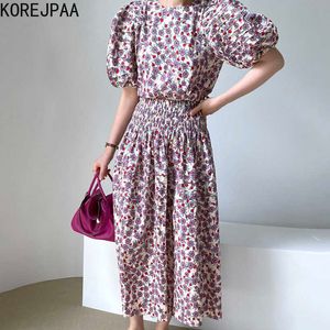 Korejpaa 여성들은 여름 한국어 세련 된 숙녀 복고풍 꽃 라운드 넥 느슨한 퍼프 슬리브 셔츠 주름을 탄생한 허리 치마 210526