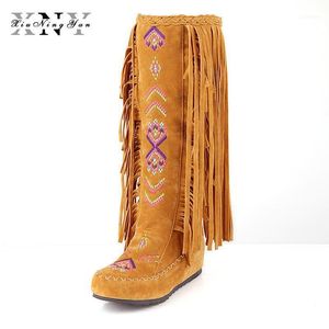 Wholesale chinese flat boots resale online - Boots Winter Fashion Chinese Nation Style Flock Leather Women Fringe Flat Heel Woman Tassel Knee High Long Boot Plus Size