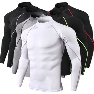 Wysoki kołnierz koszule kompresyjne męskie kulturystyka odzież sportowa koszulka z długim rękawem Top siłownie T Shirt mężczyźni Fitness Tight Rashgard Y0526