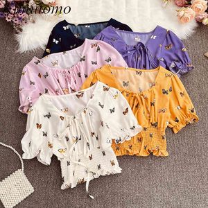 Kimutomo Casual Fresh Style Short Blouse Girls Bow Printing Lace-up Puff Sleeve Slim Waist All-matching Square Collar Tops 210521