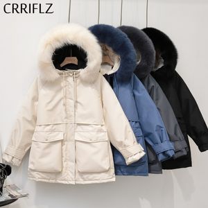 패션 짧은 모피 칼라 따뜻한 두꺼운 후드가 겨울 코트 여성 겨울 화이트 오리 재킷 큰 주머니 세련된 outwear 여성 210520