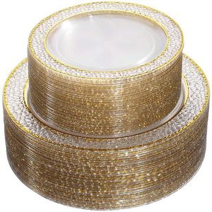 Diminuiço de jantar descartável 20 Tableware Transparent Crystal Design Combinação de placas de plástico dourado adequado para todos os tipos de festas de férias