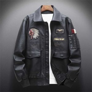 Höst Retro läderjackor för män Broderi Ytterkläder Casual Motorcykel Pu-jacka Biker Läder Vindjacka Flerfickor 211124