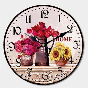 Horloges murales de quartz rétro de style français de style franco horloges de roses de fleurs en bois facile à lire des horloges silencieuses silencieuses