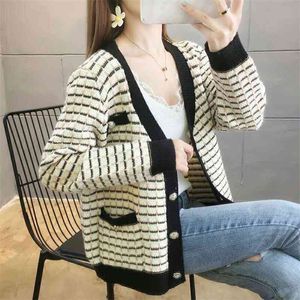 Cardigans Kobiety Rękaw Rękawem Loose Plaid Kolor Dzianiny Jesień Zima Plus Size Odzieżowa V-Neck Casual Swetry 210427