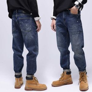 American Street Style Fashion Men Jeans Retro Blue Elastic Loose Fit Wide Leg Frayed Ripped Hip Hop Denim Baggy Pants