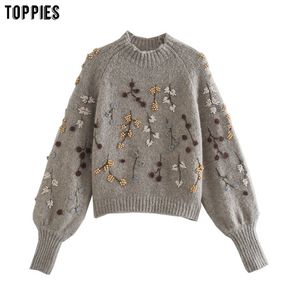 Woman Sweater Pearls Beading Pullovers Embroidered Knitted Tops Fashion Crop 210421